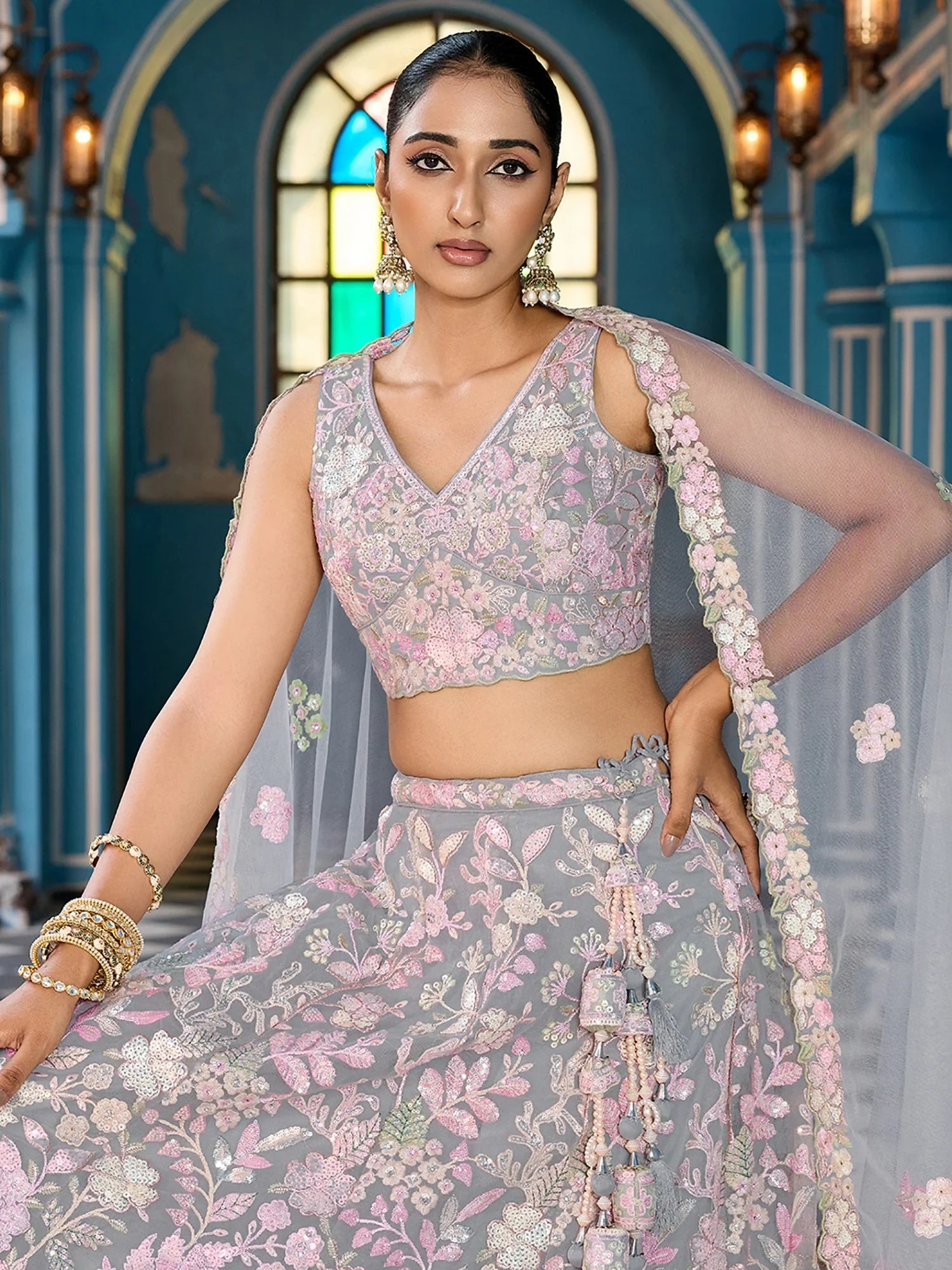 Perfect Grey Floral Embroidery Net Sangeet Wear Lehenga Choli With Dupatta