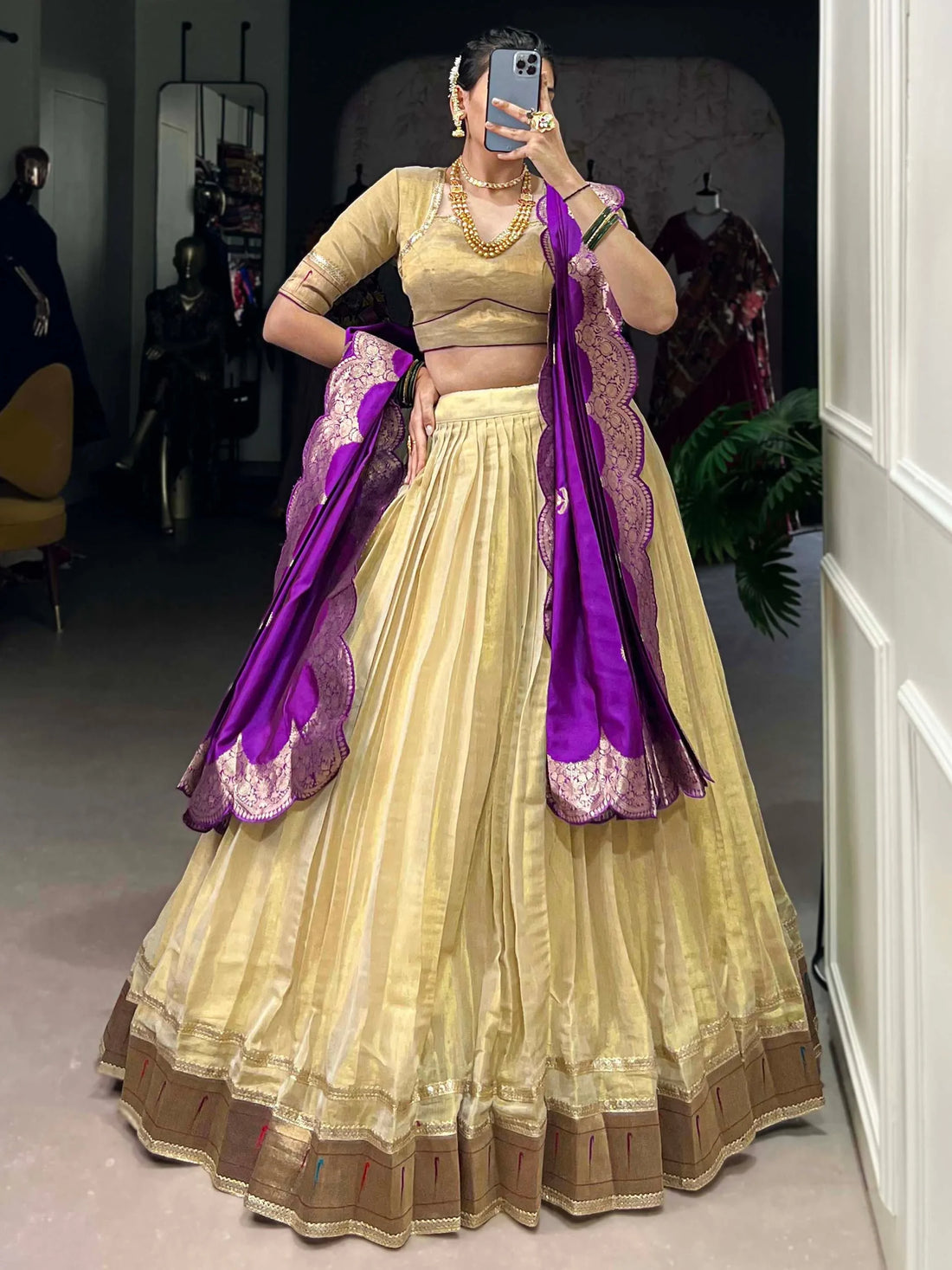 Perious Cream Zari Weaving Silk Traditional Lehenga Choli With Dupatta - Zeel Clothing