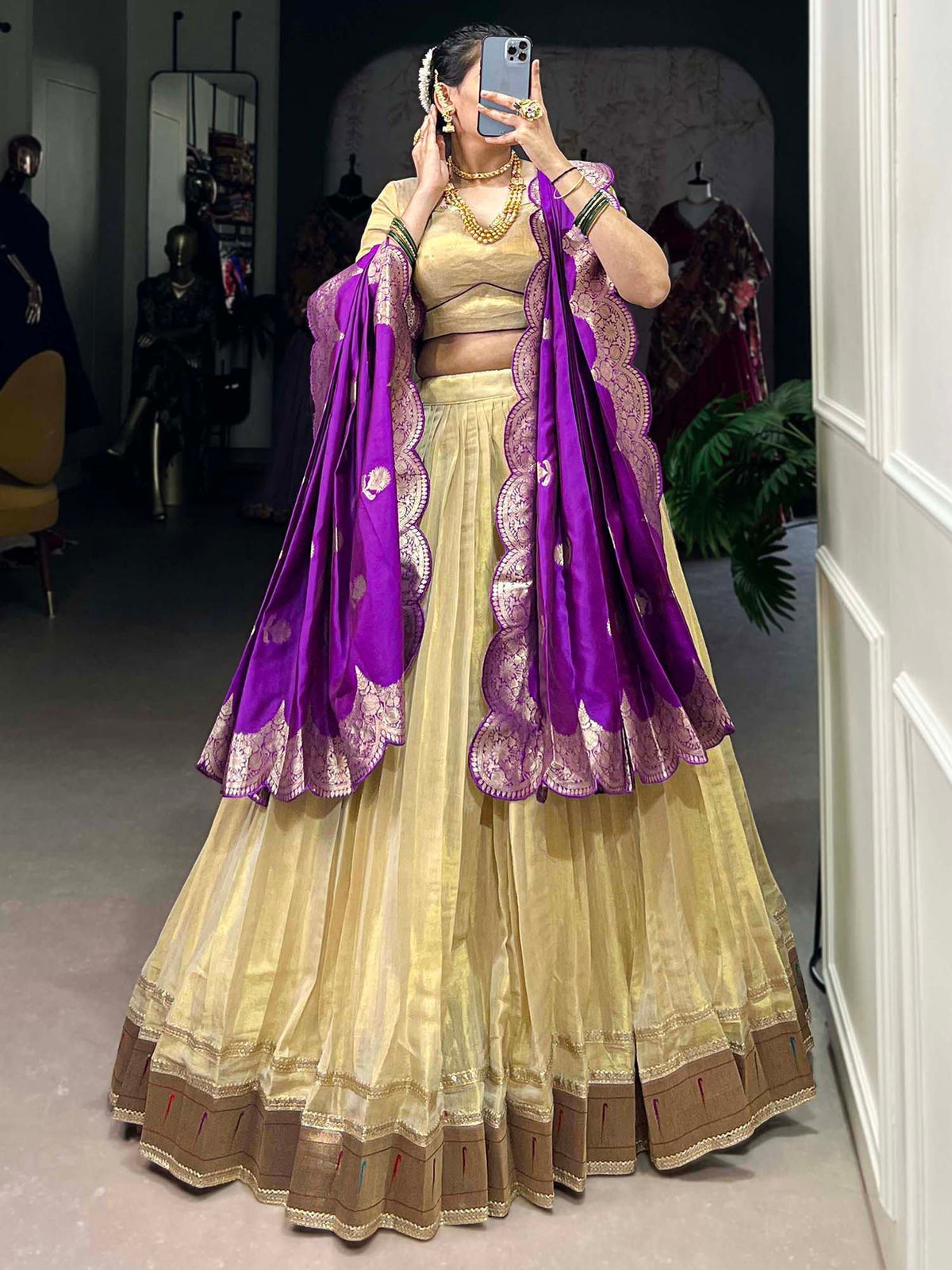 Perious Cream Zari Weaving Silk Traditional Lehenga Choli With Dupatta - Zeel Clothing