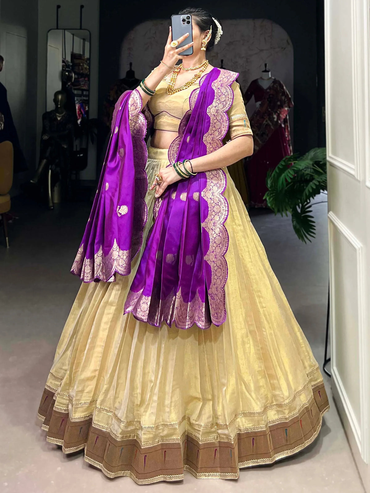 Perious Cream Zari Weaving Silk Traditional Lehenga Choli With Dupatta - Zeel Clothing
