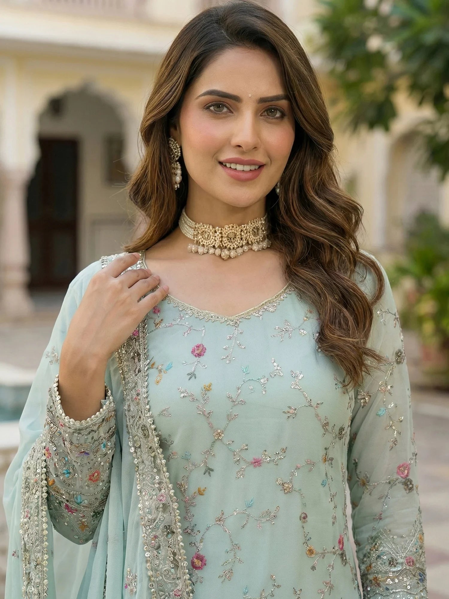 Phenomenal Blue Zari Embroidered Georgette Festive Wear Sharara Suit