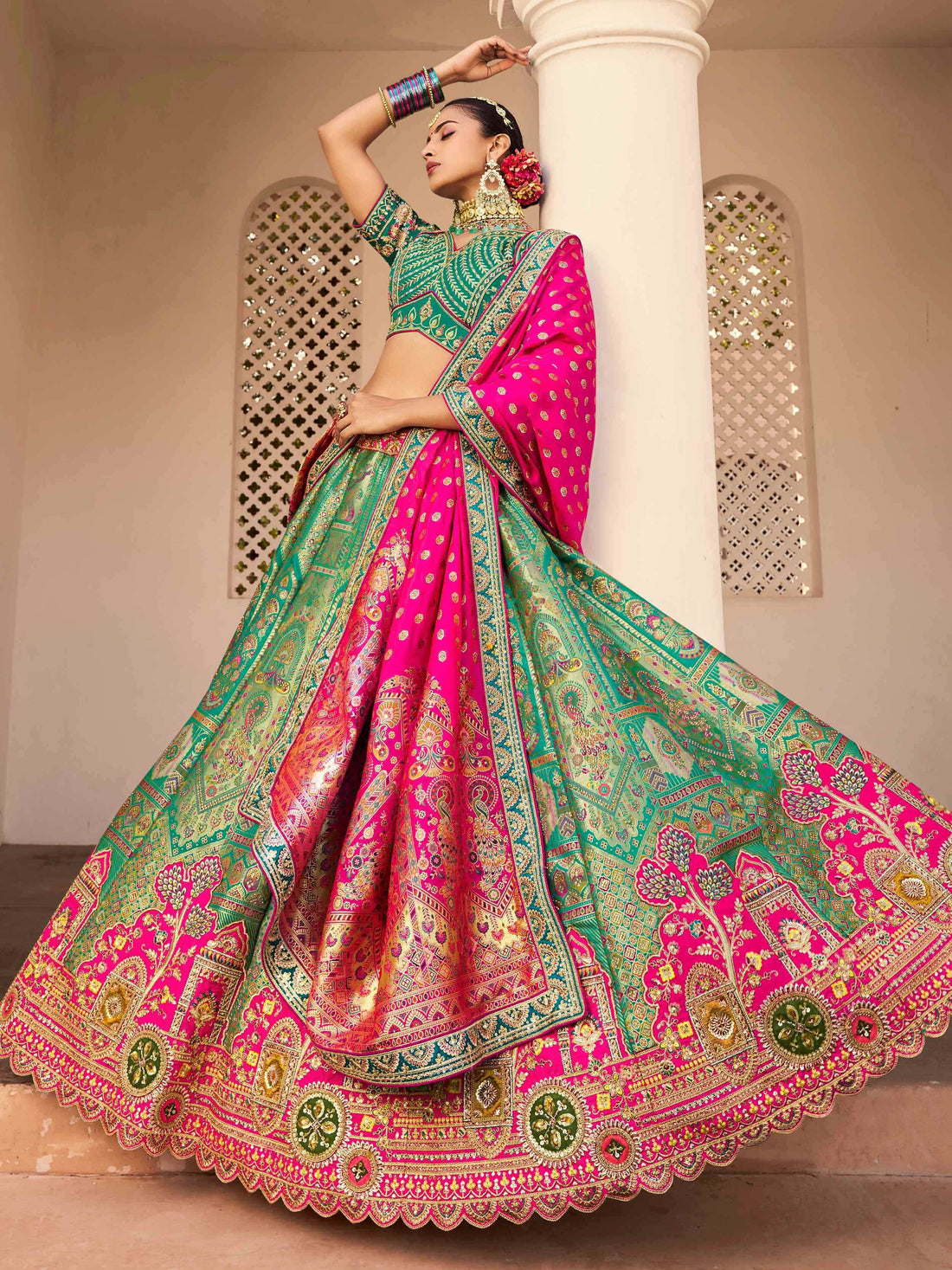Phenomenal Green Thread Embroidered Banarasi Silk Mehendi Wear Lehenga Choli - Zeel Clothing