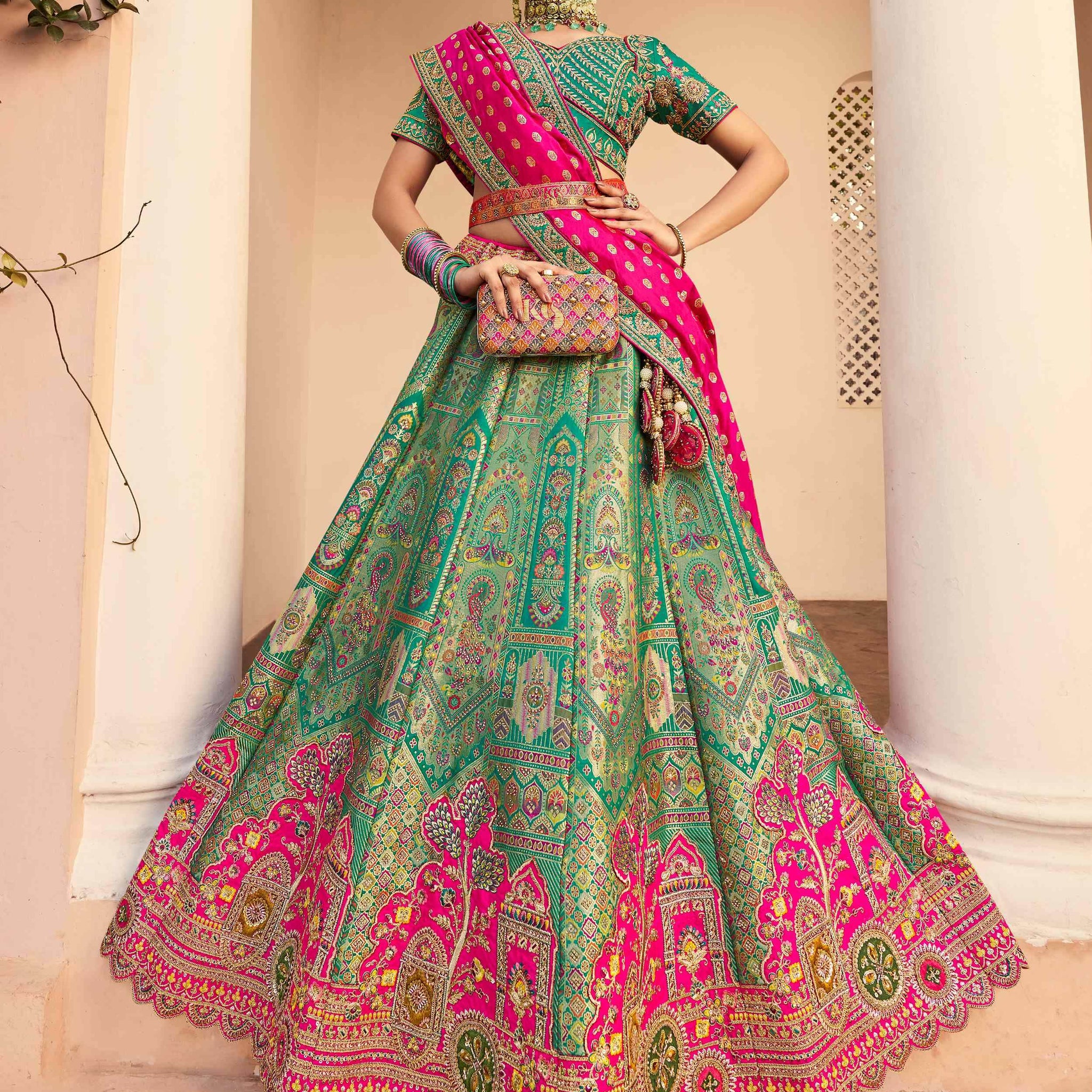 Phenomenal Green Thread Embroidered Banarasi Silk Mehendi Wear Lehenga Choli - Zeel Clothing