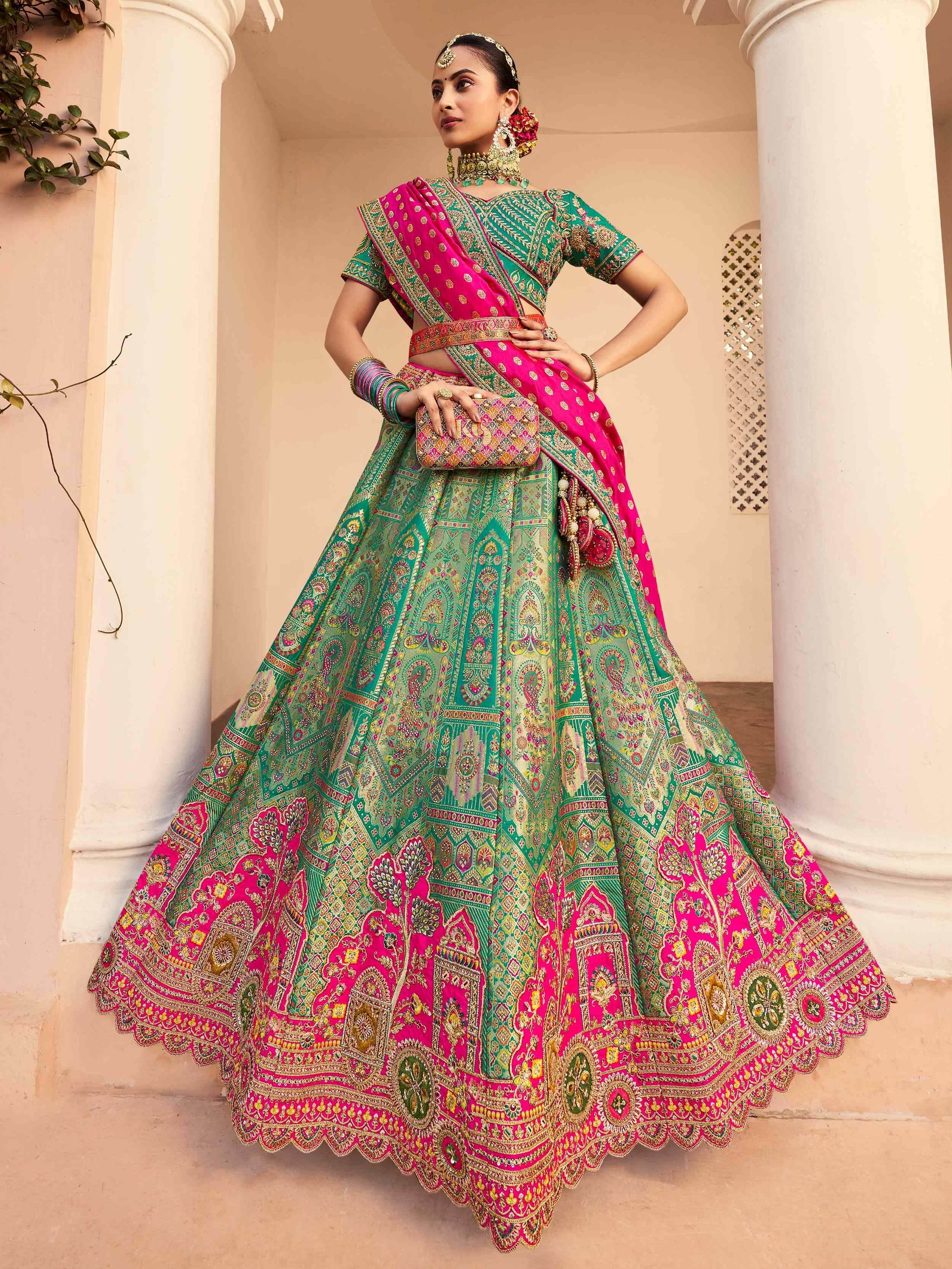 Phenomenal Green Thread Embroidered Banarasi Silk Mehendi Wear Lehenga Choli - Zeel Clothing