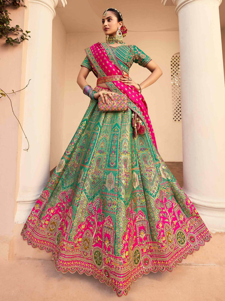 Phenomenal Green Thread Embroidered Banarasi Silk Mehendi Wear Lehenga Choli - Zeel Clothing