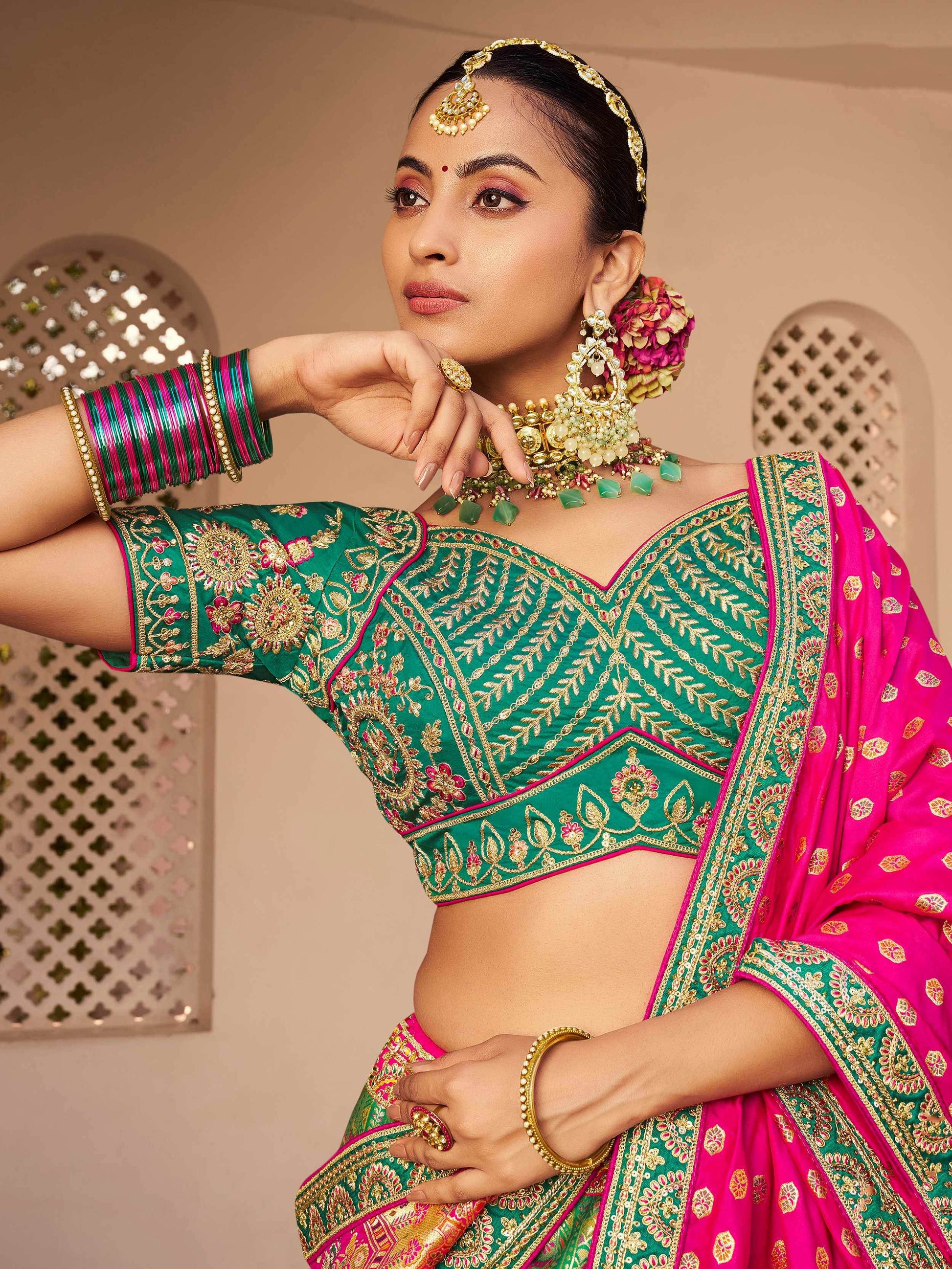 Phenomenal Green Thread Embroidered Banarasi Silk Mehendi Wear Lehenga Choli - Zeel Clothing