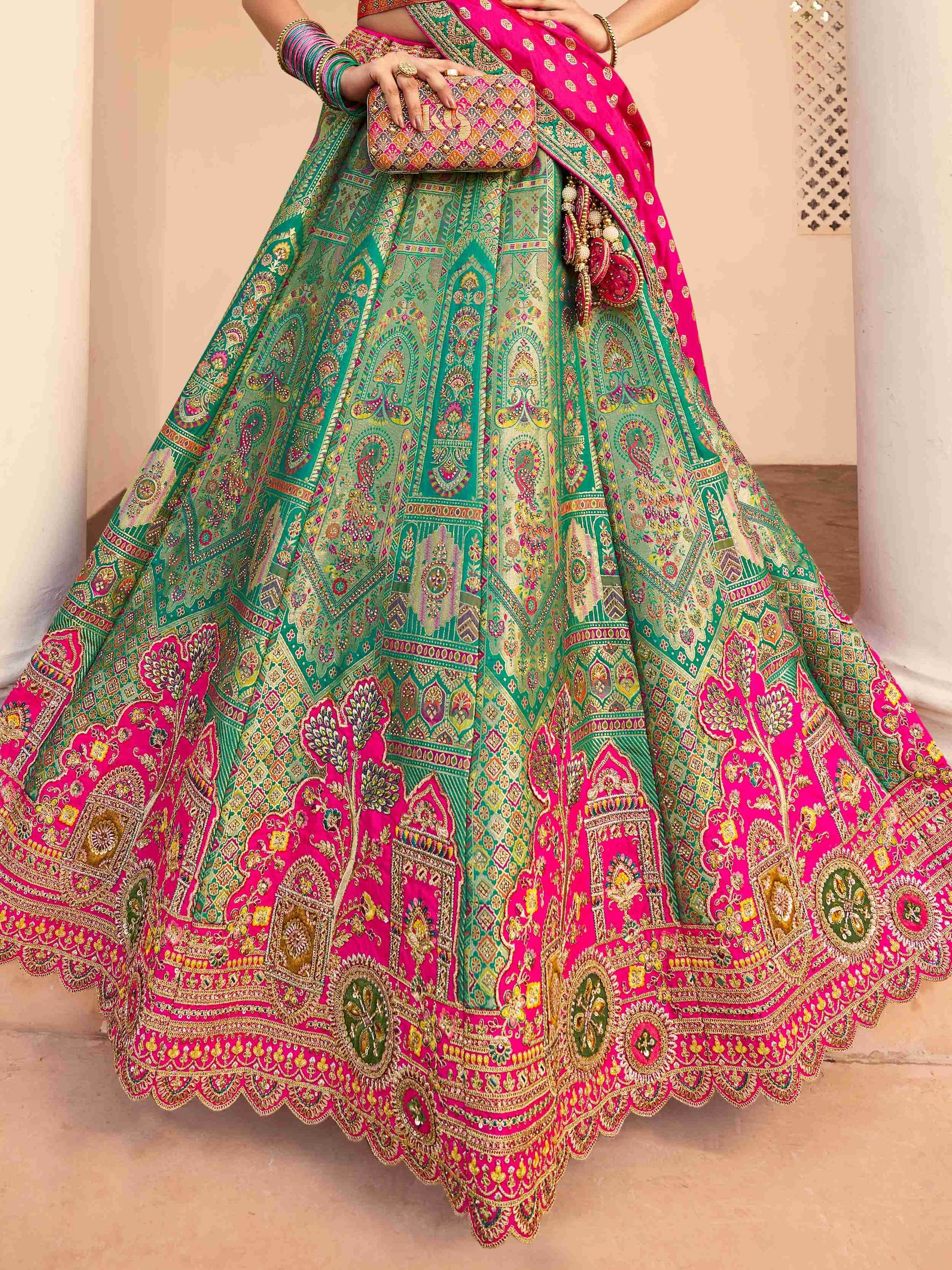 Phenomenal Green Thread Embroidered Banarasi Silk Mehendi Wear Lehenga Choli - Zeel Clothing