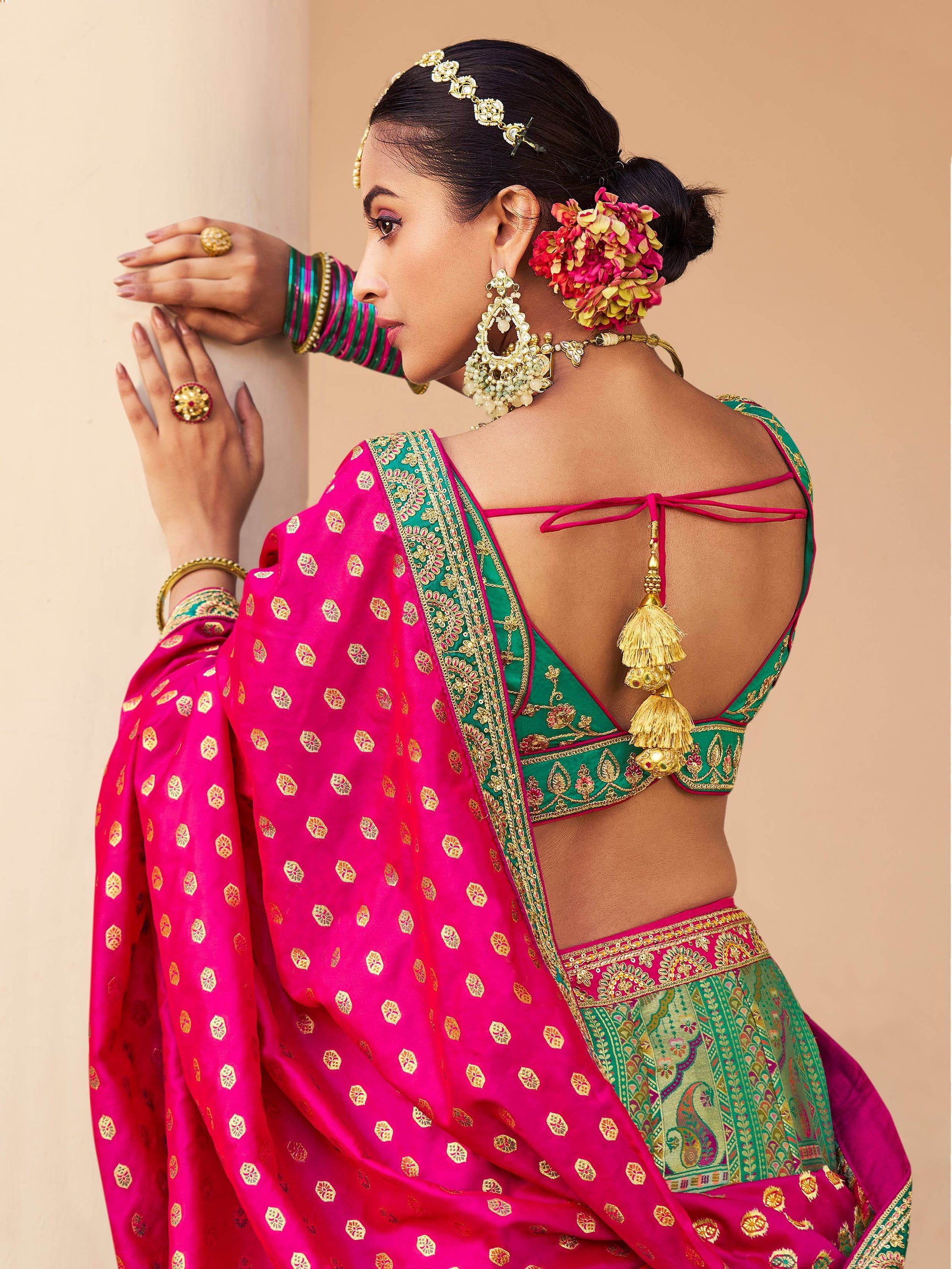 Phenomenal Green Thread Embroidered Banarasi Silk Mehendi Wear Lehenga Choli - Zeel Clothing