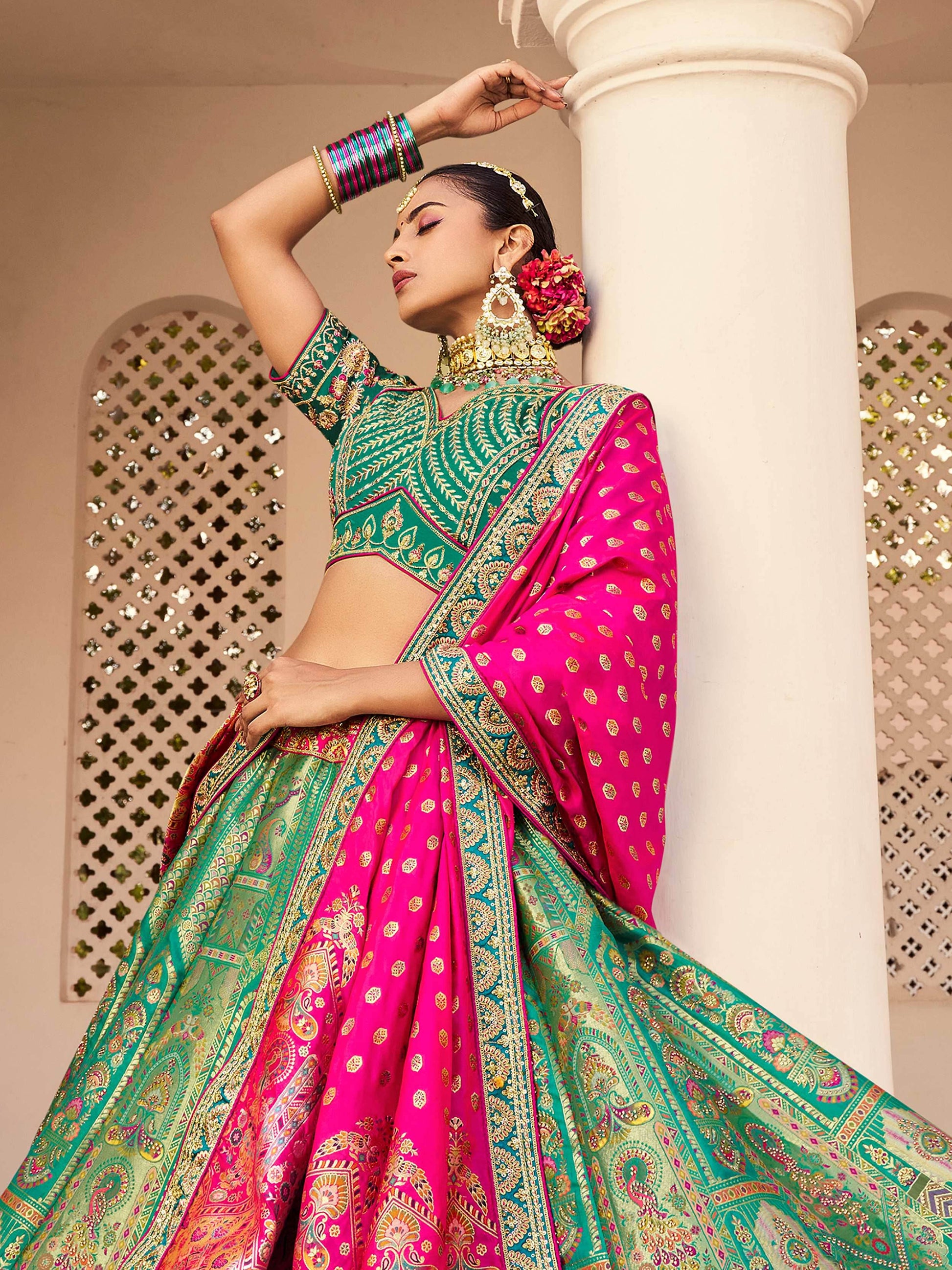 Phenomenal Green Thread Embroidered Banarasi Silk Mehendi Wear Lehenga Choli - Zeel Clothing