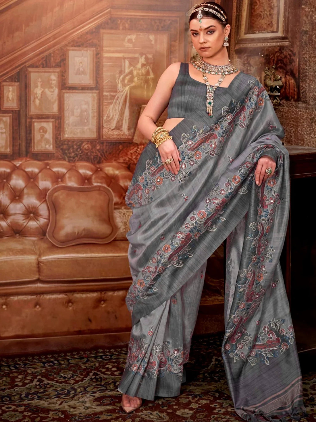 Phenomenal Grey Hand Work Tussar Silk Marriage Wear Saree With Blouse