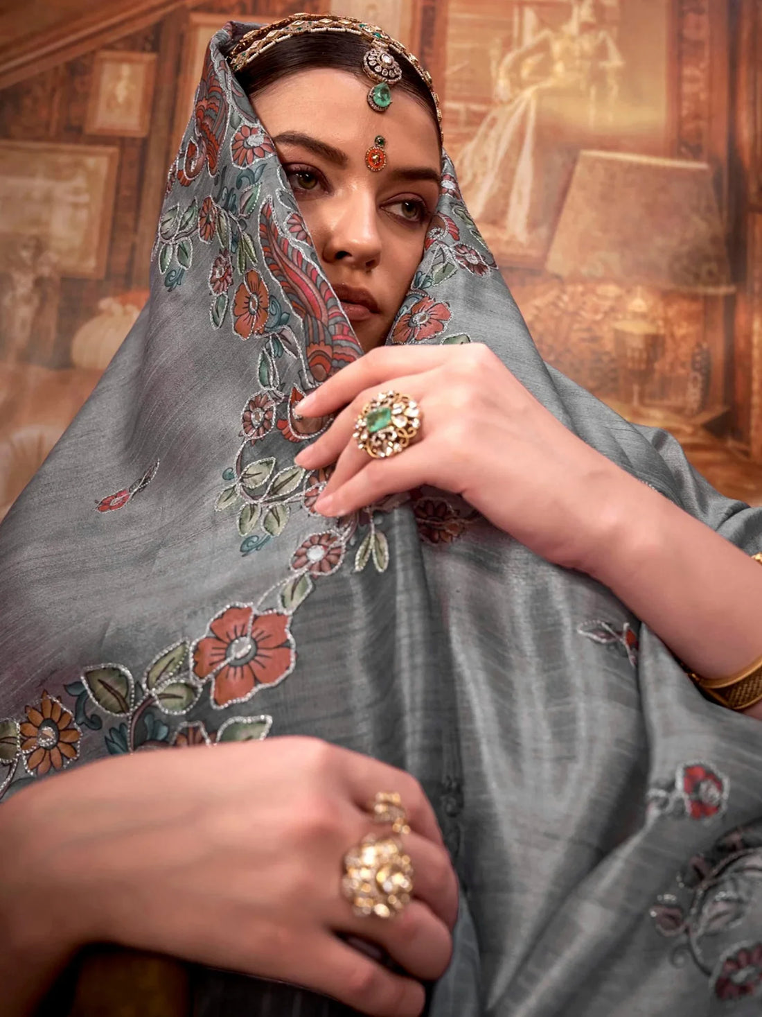 Phenomenal Grey Hand Work Tussar Silk Marriage Wear Saree With Blouse