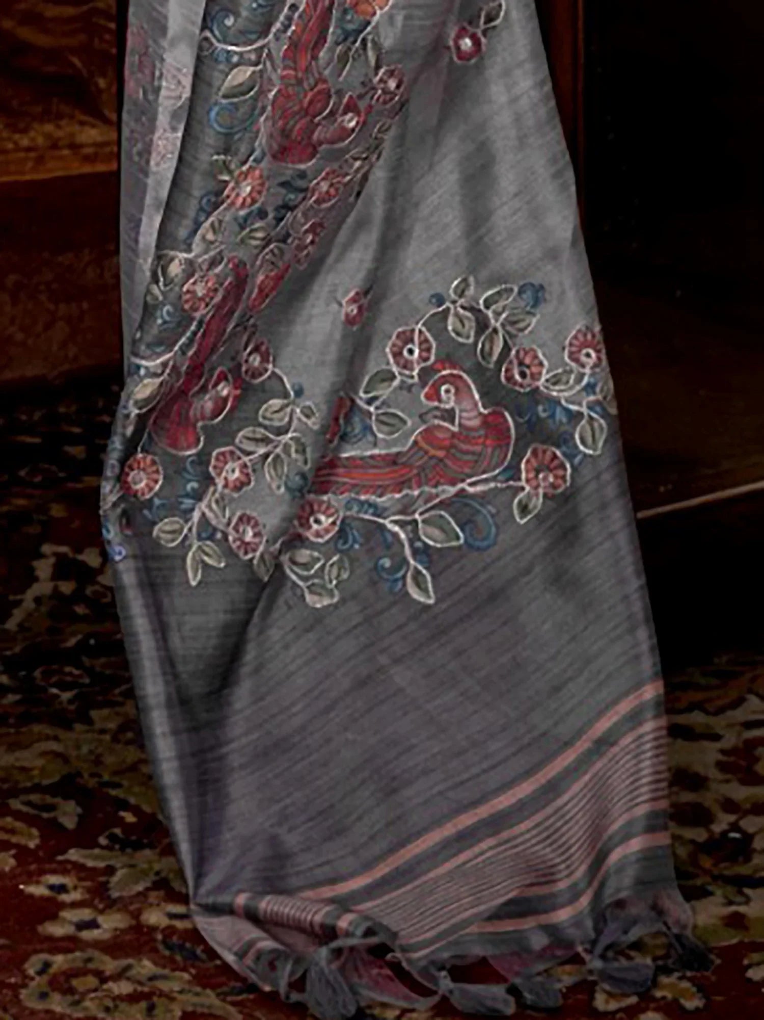 Phenomenal Grey Hand Work Tussar Silk Marriage Wear Saree With Blouse