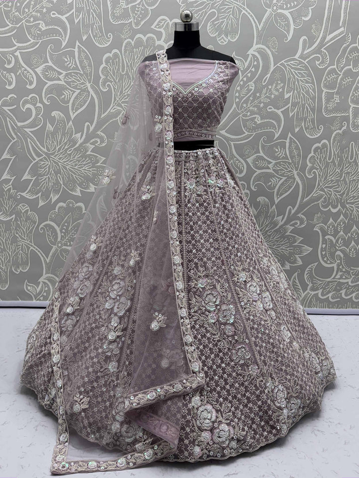 Phenomenal Mauve Bead Work Net Bridesmaid Lehenga Choli With Dupatta - Zeel Clothing