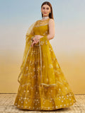 Phenomenal Mustard Yellow Thread Work Net Haldi Wear Lehenga Choli - Zeel Clothing