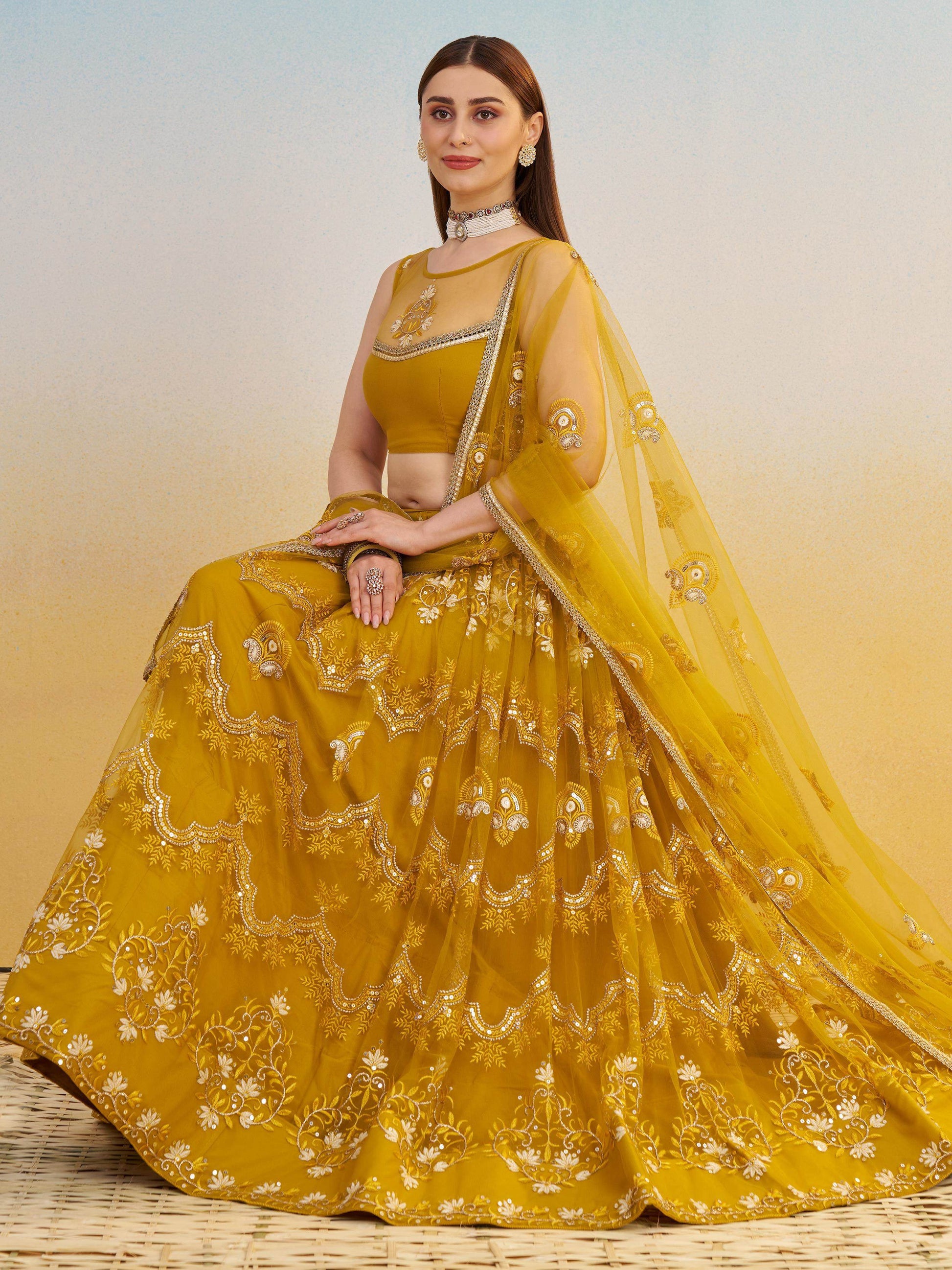 Phenomenal Mustard Yellow Thread Work Net Haldi Wear Lehenga Choli - Zeel Clothing