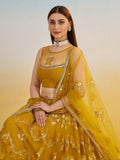 Phenomenal Mustard Yellow Thread Work Net Haldi Wear Lehenga Choli - Zeel Clothing