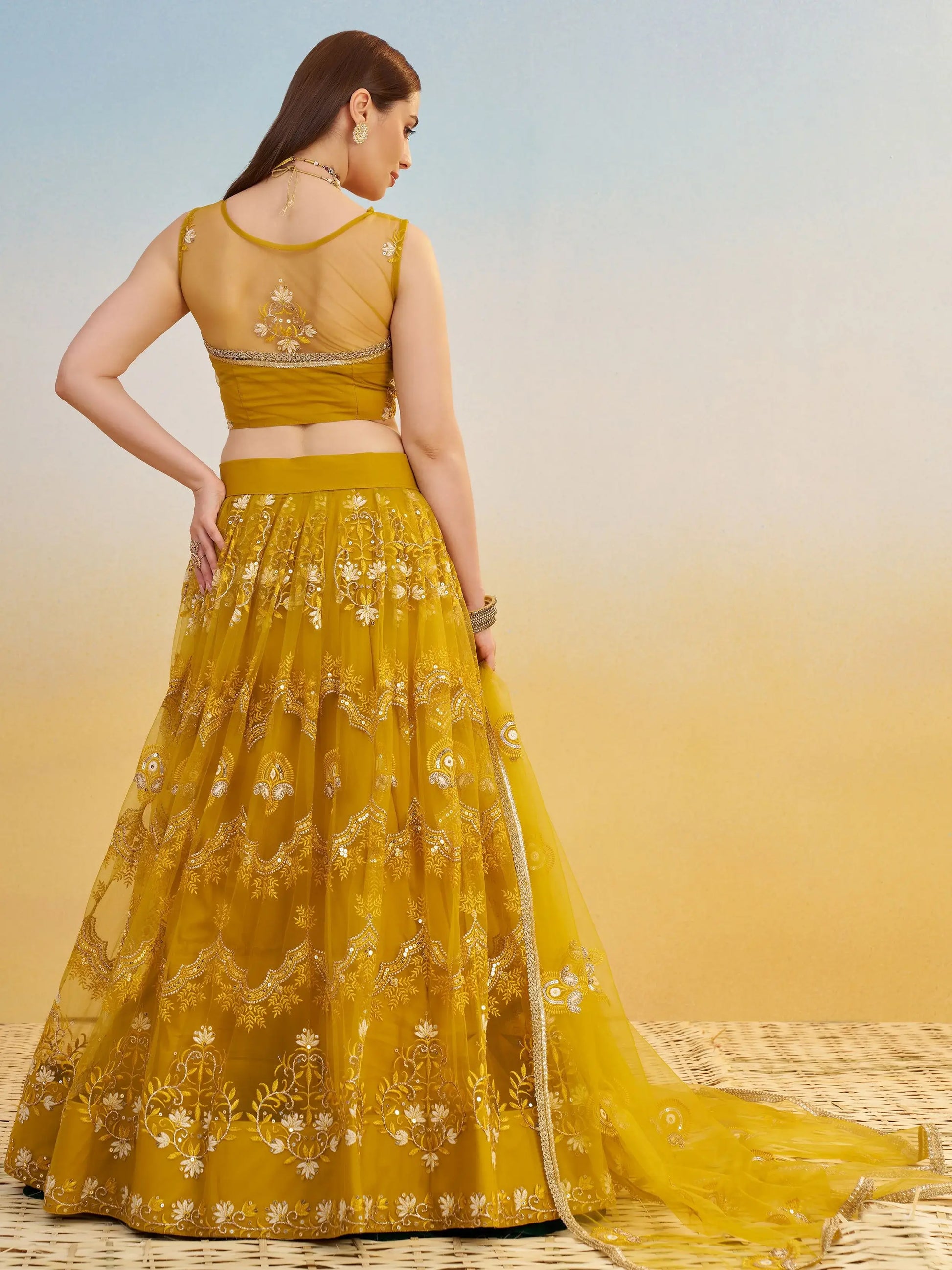 Phenomenal Mustard Yellow Thread Work Net Haldi Wear Lehenga Choli - Zeel Clothing