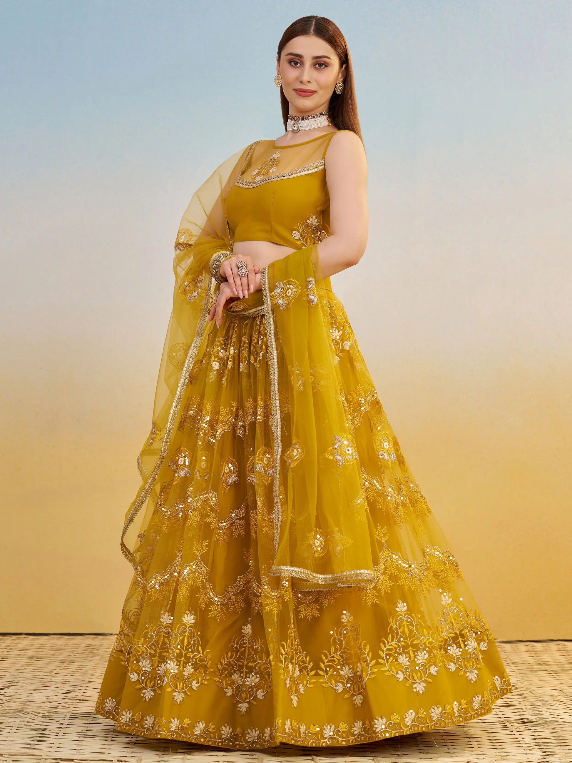 Phenomenal Mustard Yellow Thread Work Net Haldi Wear Lehenga Choli - Zeel Clothing