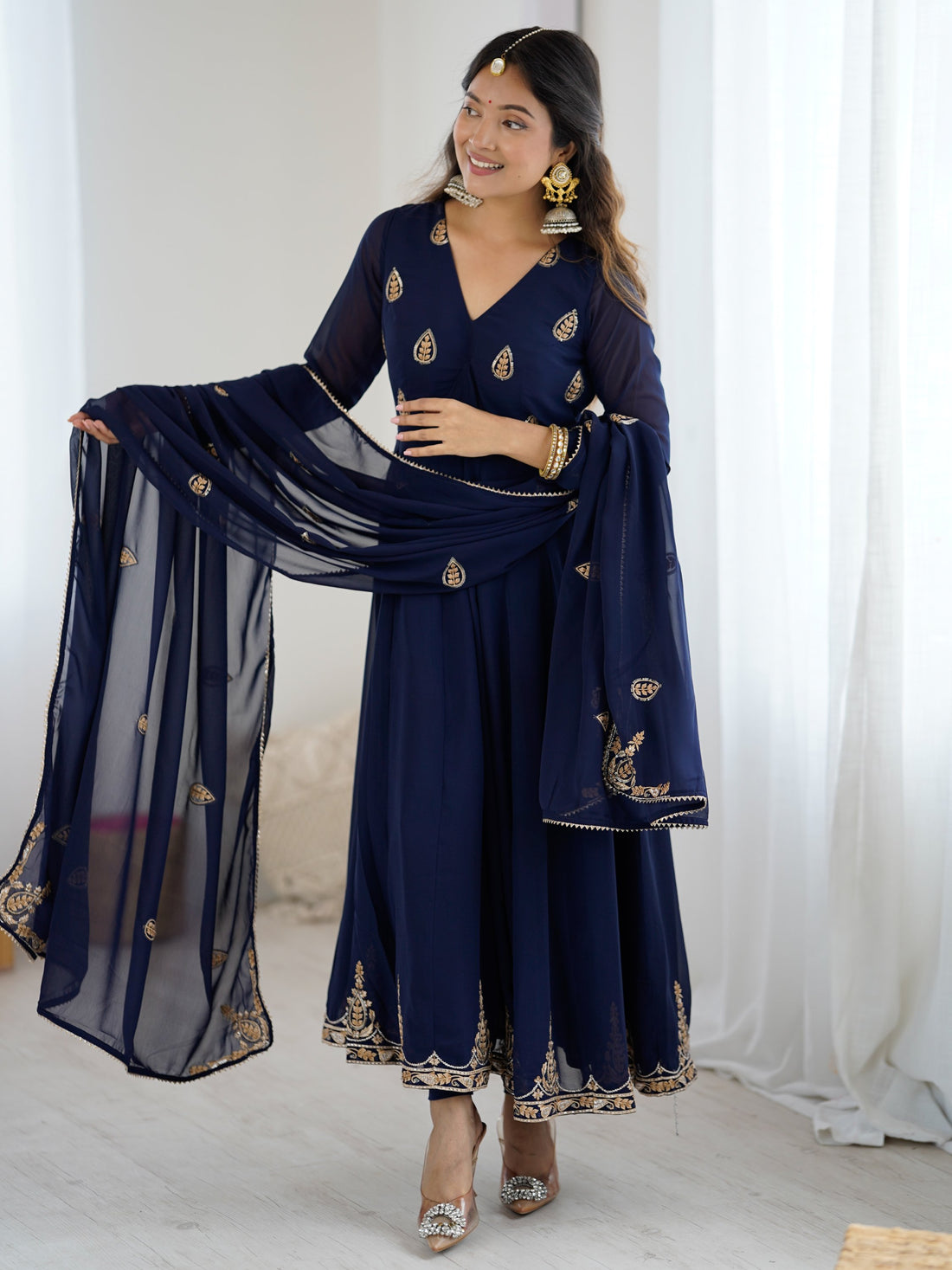 Phenomenal Navy Blue Sequins Work Georgette Anarkali Suit With Dupatta - Zeel Clothing