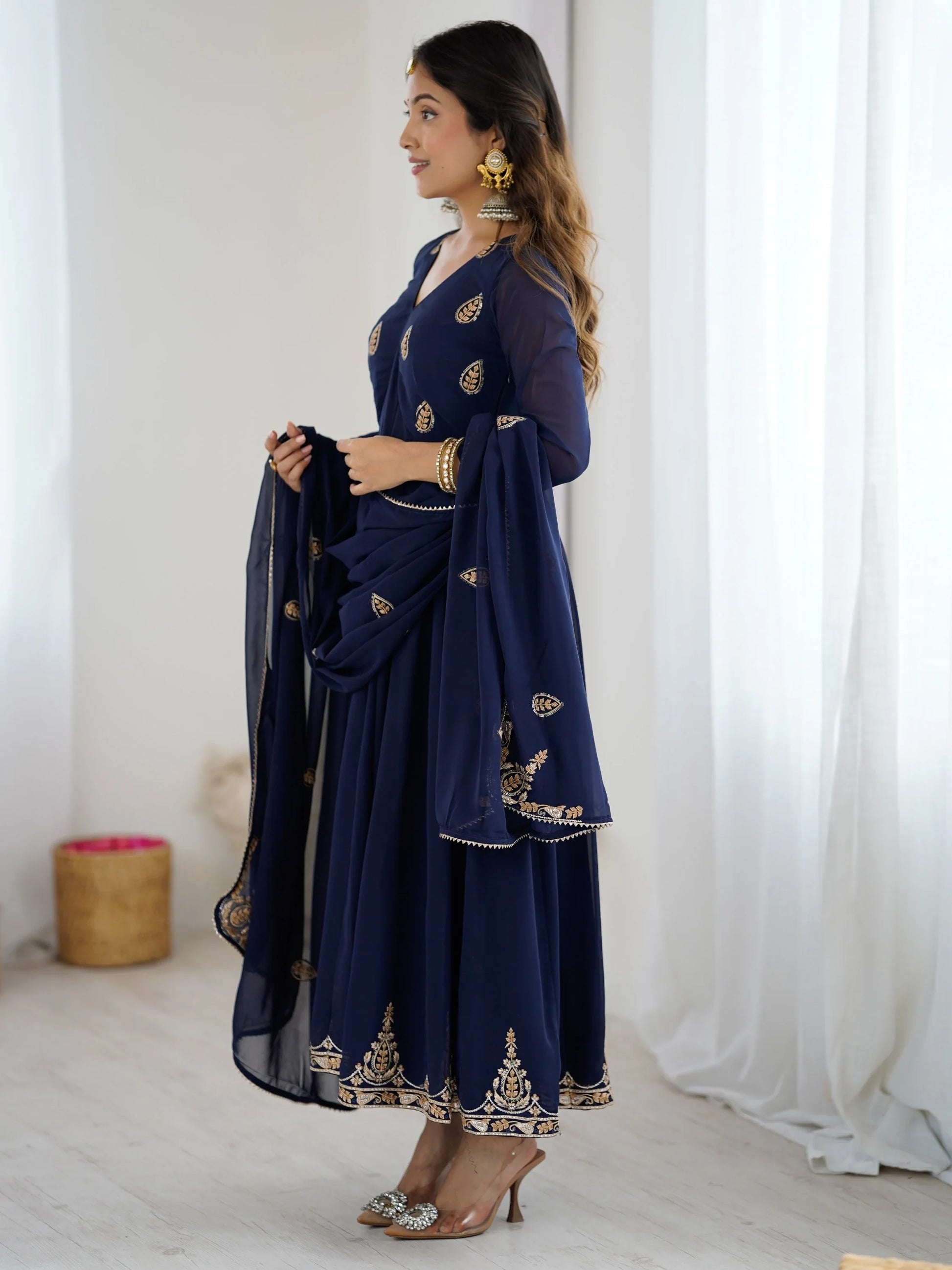 Phenomenal Navy Blue Sequins Work Georgette Anarkali Suit With Dupatta - Zeel Clothing