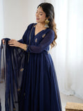 Phenomenal Navy Blue Sequins Work Georgette Anarkali Suit With Dupatta - Zeel Clothing
