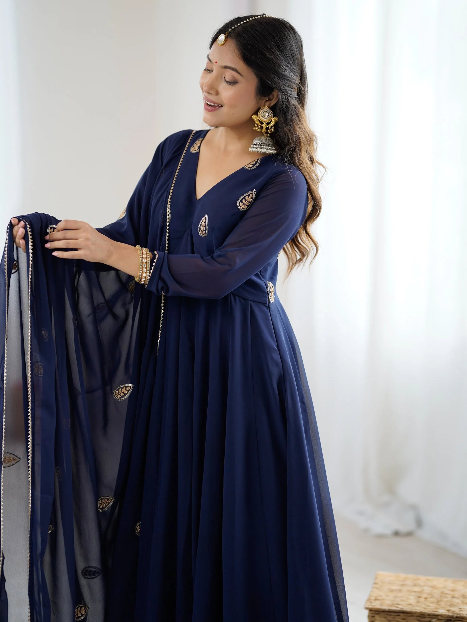 Phenomenal Navy Blue Sequins Work Georgette Anarkali Suit With Dupatta - Zeel Clothing