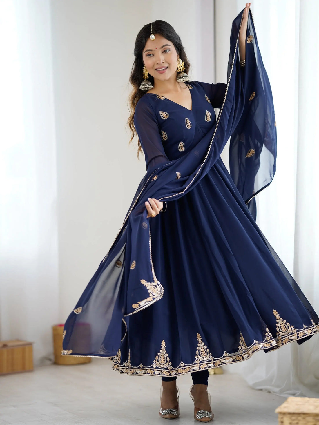 Phenomenal Navy Blue Sequins Work Georgette Anarkali Suit With Dupatta - Zeel Clothing