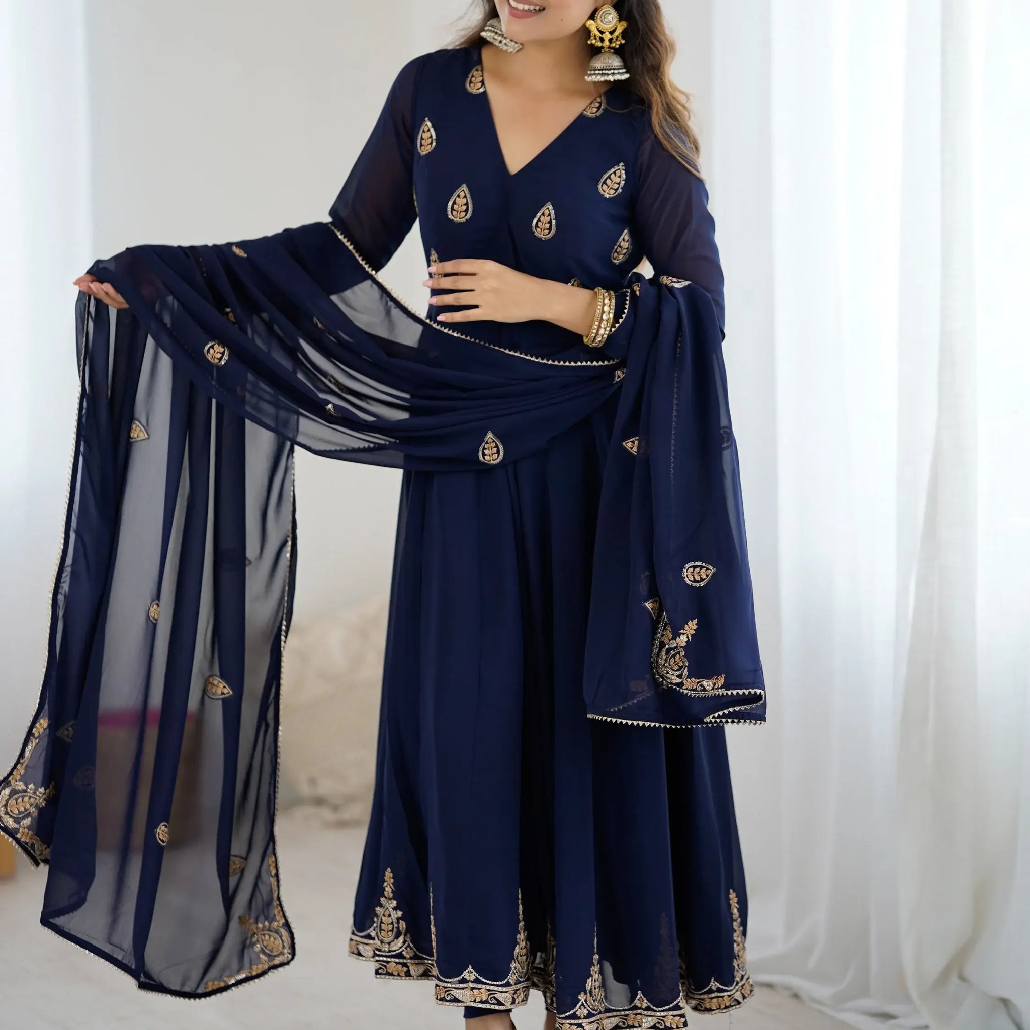 Phenomenal Navy Blue Sequins Work Georgette Anarkali Suit With Dupatta - Zeel Clothing