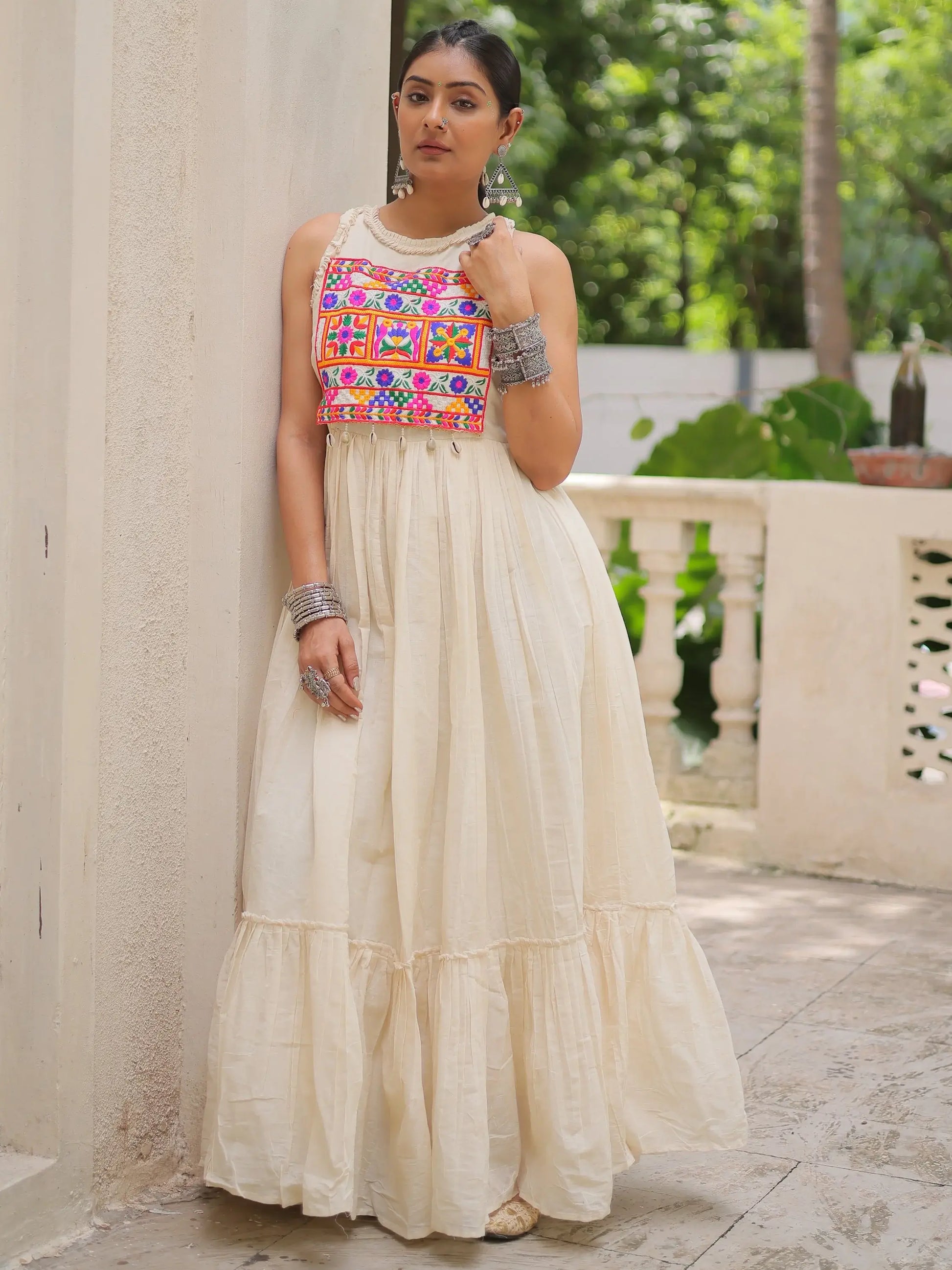 Phenomenal Off-White Multi Thread Work Cotton Navratri Special Gown - Zeel Clothing