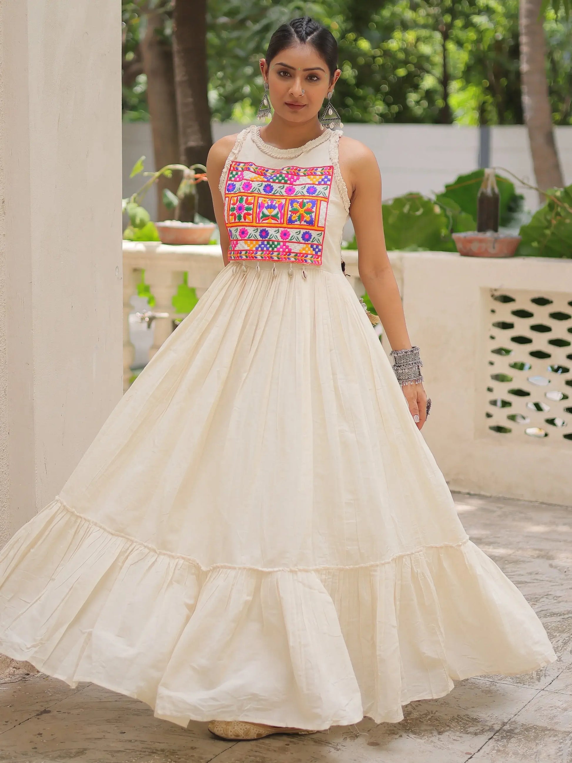 Phenomenal Off-White Multi Thread Work Cotton Navratri Special Gown - Zeel Clothing