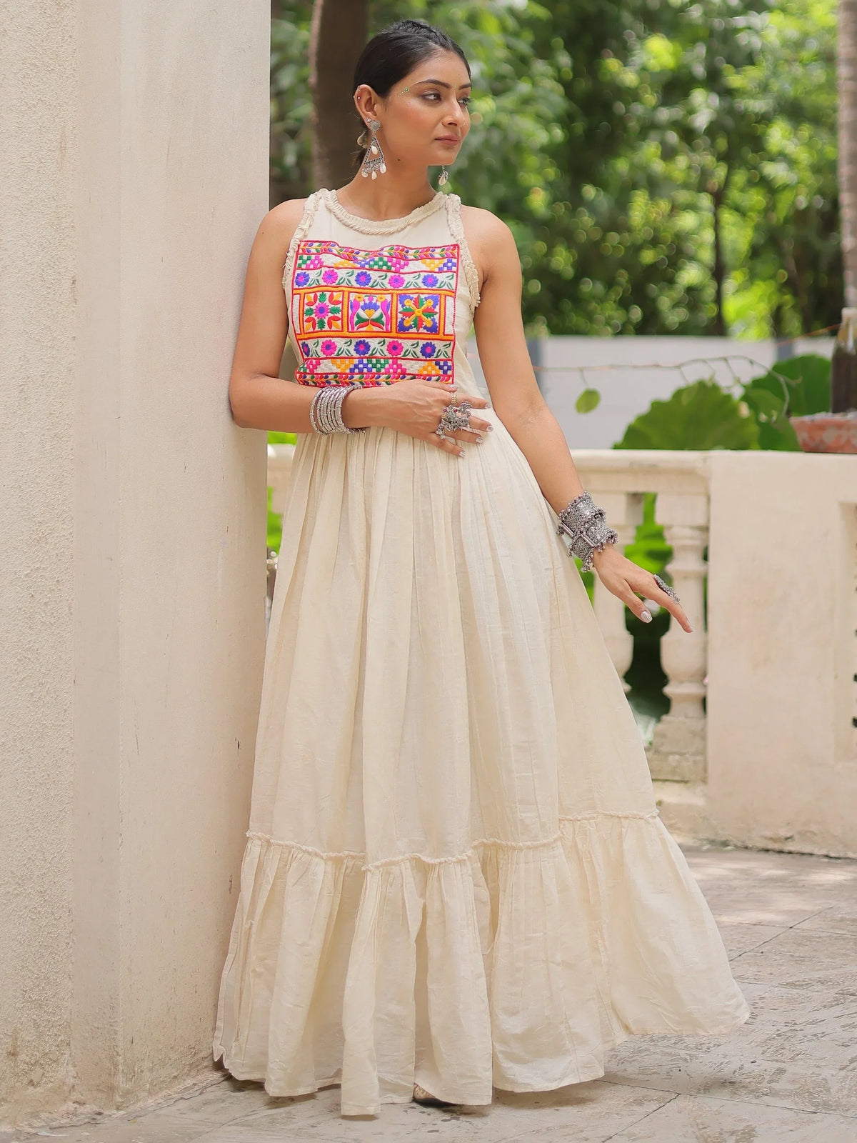 Phenomenal Off-White Multi Thread Work Cotton Navratri Special Gown - Zeel Clothing