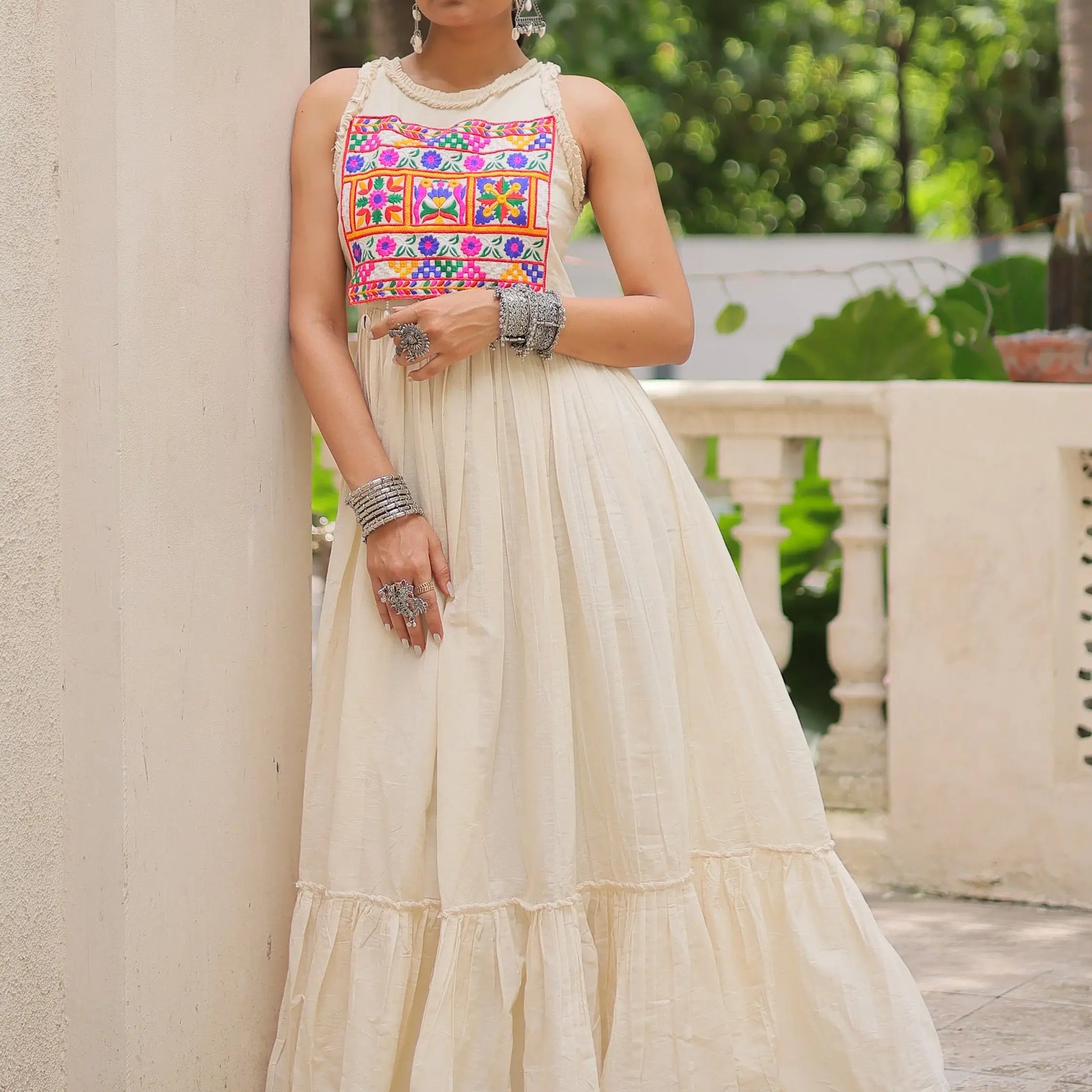 Phenomenal Off-White Multi Thread Work Cotton Navratri Special Gown - Zeel Clothing