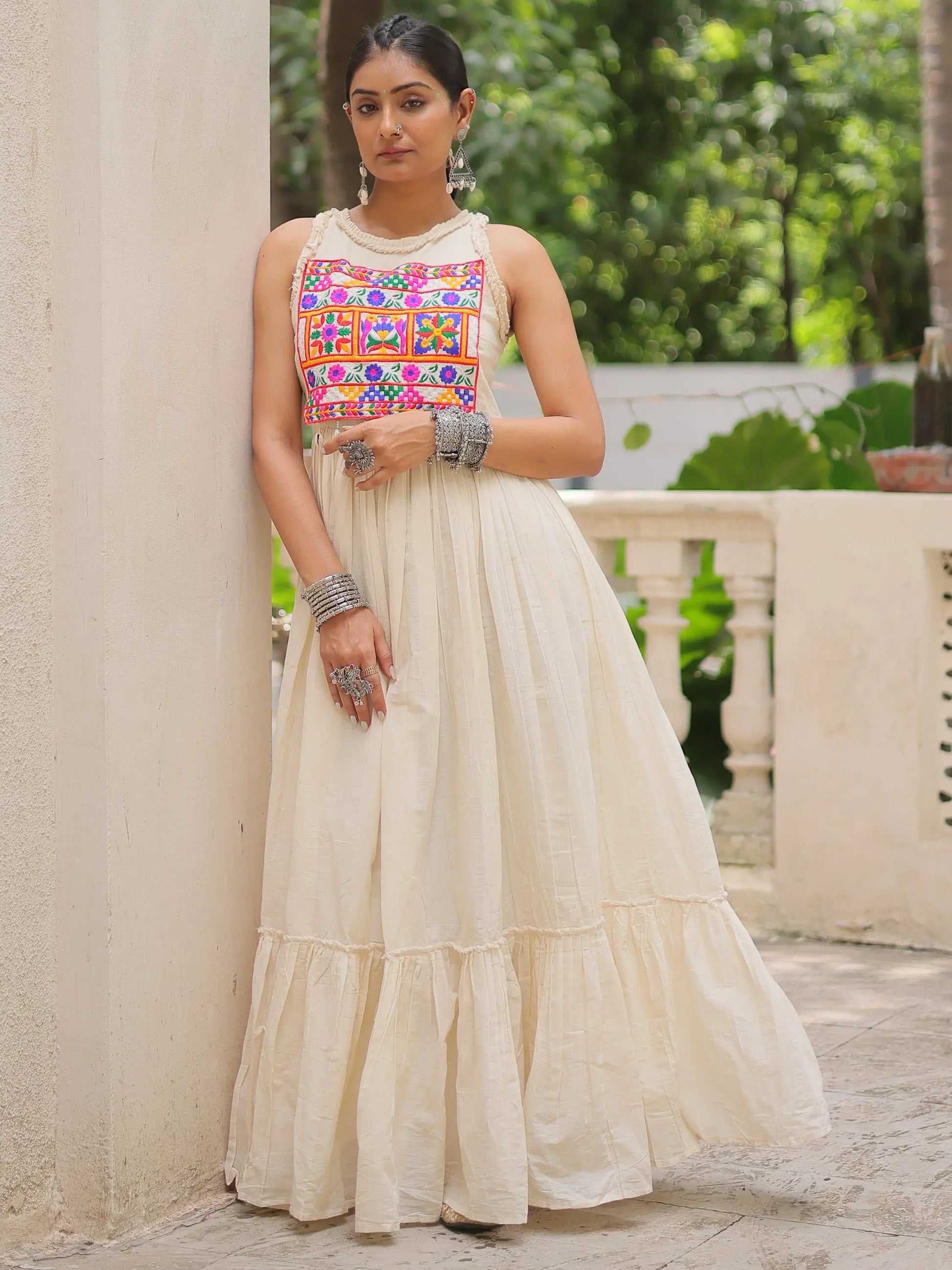 Phenomenal Off-White Multi Thread Work Cotton Navratri Special Gown - Zeel Clothing