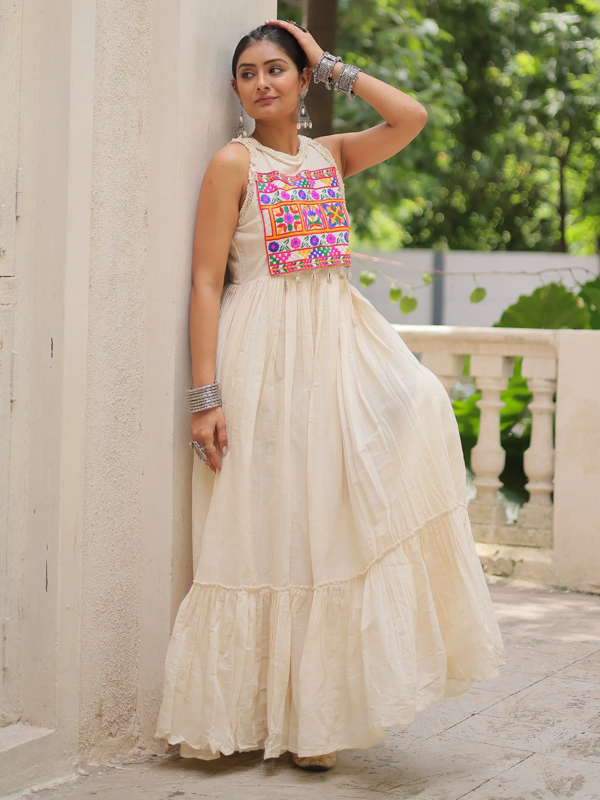 Phenomenal Off-White Multi Thread Work Cotton Navratri Special Gown - Zeel Clothing