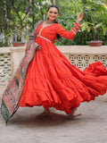 Phenomenal Orange Lace Work Roman Silk Traditional Gown With Dupatta