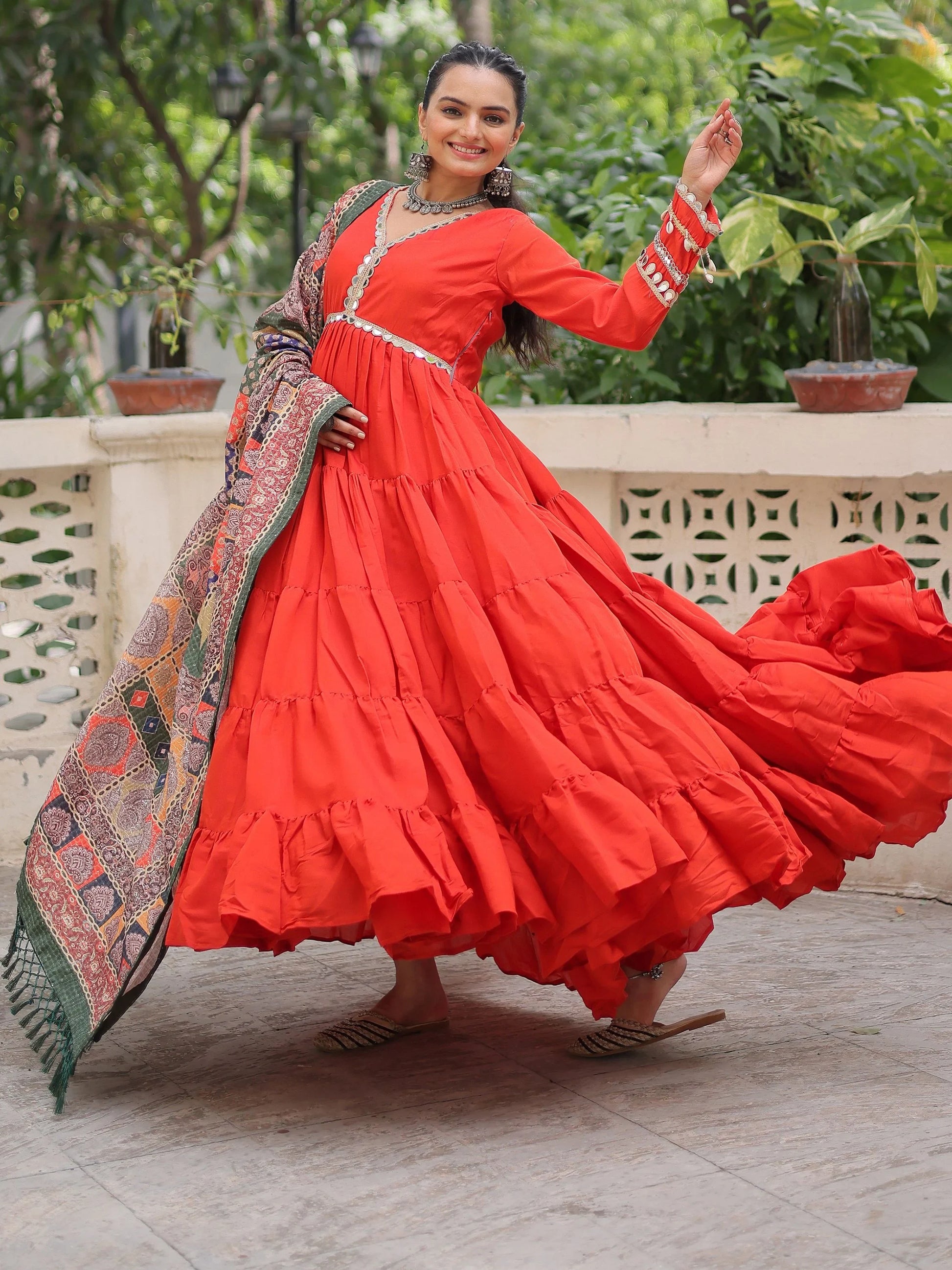 Phenomenal Orange Lace Work Roman Silk Traditional Gown With Dupatta