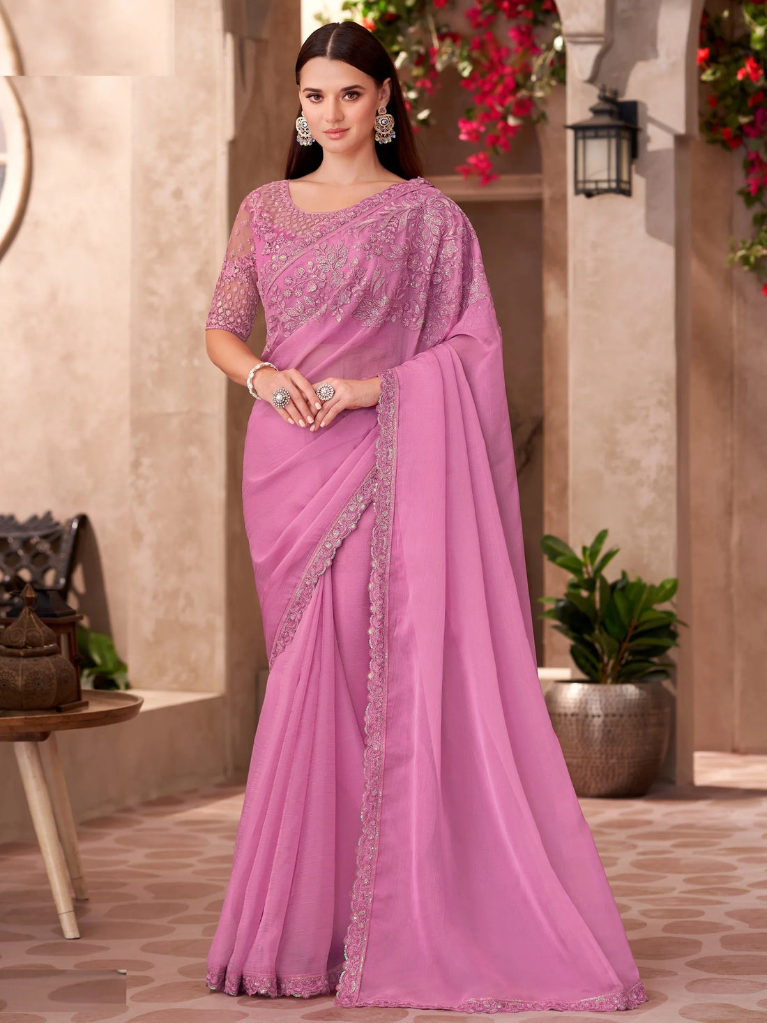 Phenomenal Pink Border Work Chiffon Engagement Wear Saree With Blouse - Zeel Clothing
