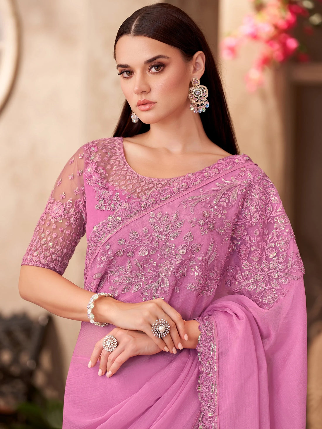 Phenomenal Pink Border Work Chiffon Engagement Wear Saree With Blouse - Zeel Clothing