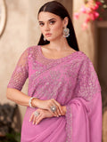 Phenomenal Pink Border Work Chiffon Engagement Wear Saree With Blouse - Zeel Clothing