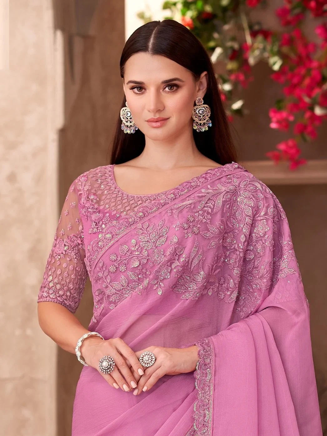 Phenomenal Pink Border Work Chiffon Engagement Wear Saree With Blouse - Zeel Clothing