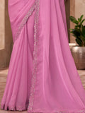 Phenomenal Pink Border Work Chiffon Engagement Wear Saree With Blouse - Zeel Clothing