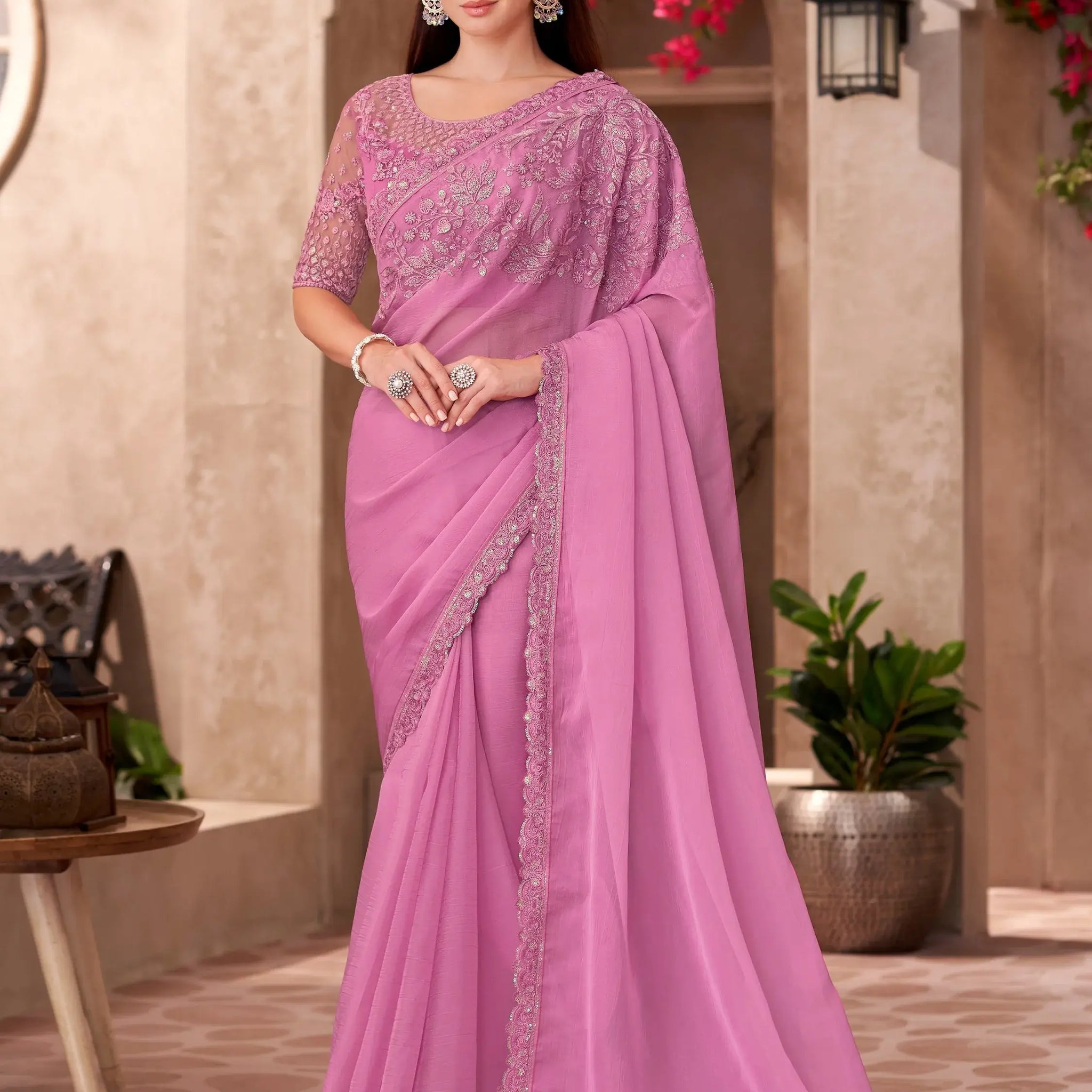 Phenomenal Pink Border Work Chiffon Engagement Wear Saree With Blouse - Zeel Clothing