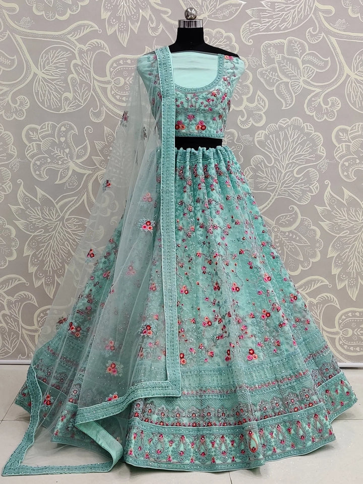 Phenomenal Sky Blue Dori Embroidered Net Engagement Wear Lehenga Choli - Zeel Clothing