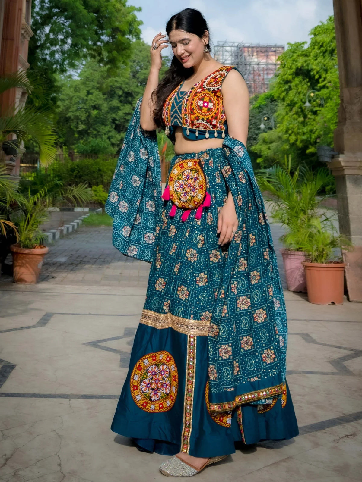 Phenomenal Teal Blue Gamthi Patch Work Rayon Navratri Special Lehenga Choli - Zeel Clothing