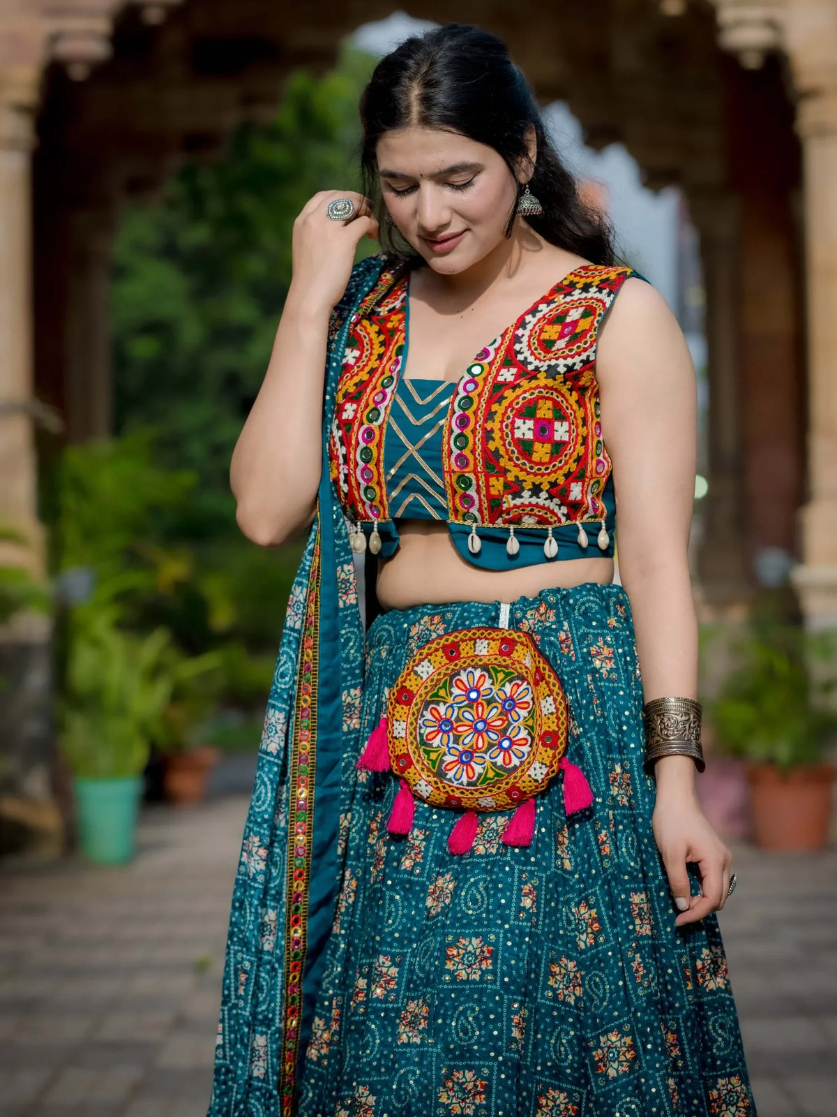 Phenomenal Teal Blue Gamthi Patch Work Rayon Navratri Special Lehenga Choli - Zeel Clothing