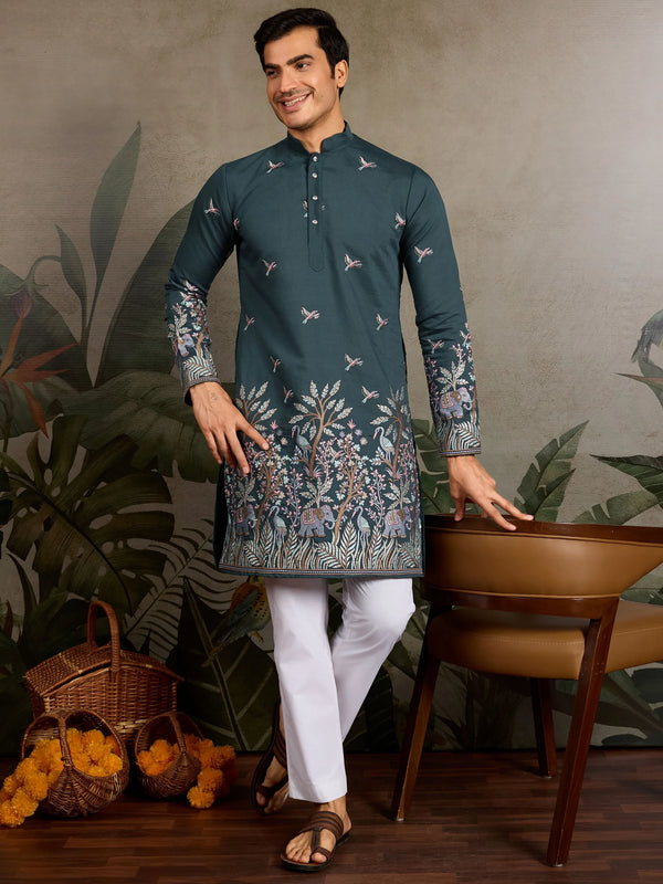 Phenomenal Teal Green Sequins Embroidery Viscose Silk Wedding Wear Men Kurta