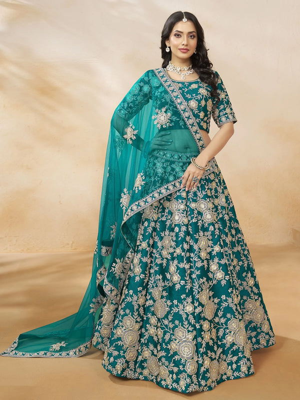 Phenomenal Teal Green Sequins Silk Bridesmaid Lehenga Choli With Dupatta - Zeel Clothing