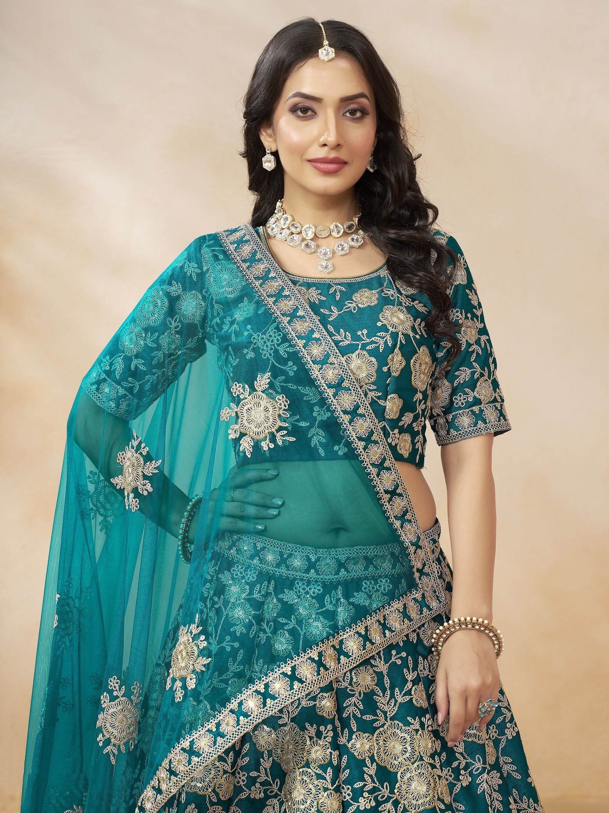 Phenomenal Teal Green Sequins Silk Bridesmaid Lehenga Choli With Dupatta - Zeel Clothing