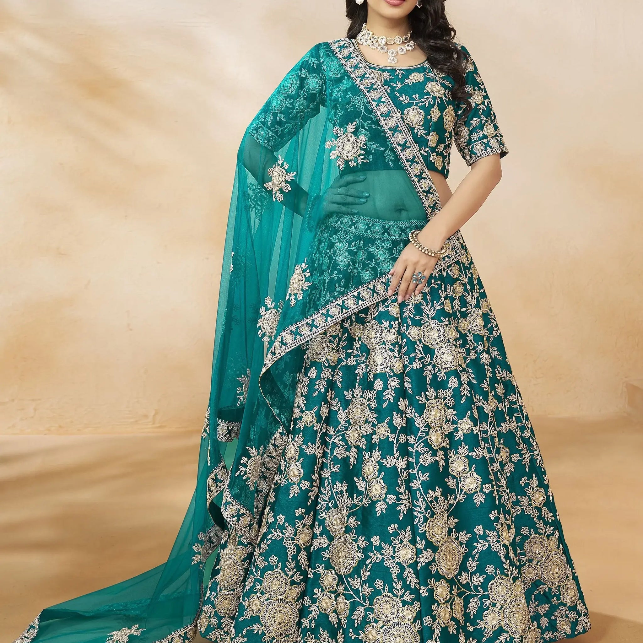 Phenomenal Teal Green Sequins Silk Bridesmaid Lehenga Choli With Dupatta - Zeel Clothing