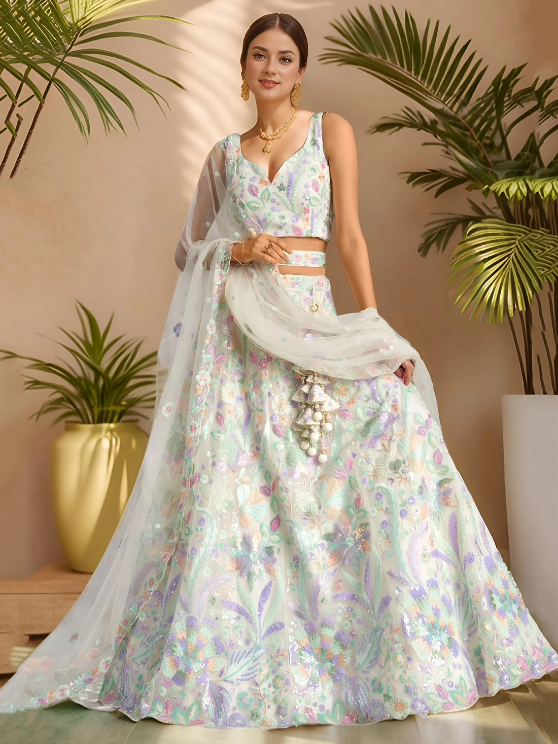 Phenomenal White Sequins Net Evening Wear Lehenga Choli With Dupatta